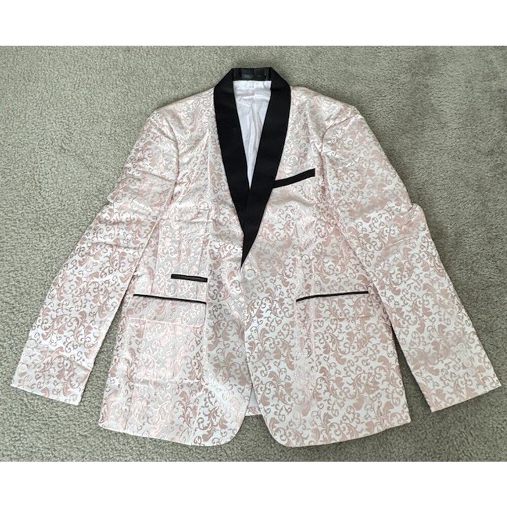 Mens Cream Rose Gold Floral Jacquard Tuxedo Blazer Black Shawl Lapel NWOT - Picture 2 of 8
